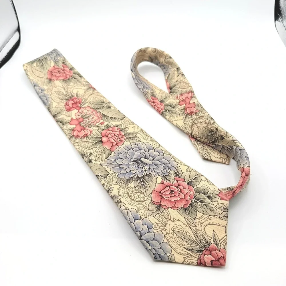 Vintage Lands' End Necktie Men's Cream Floral Silk Hand Sewn 58L